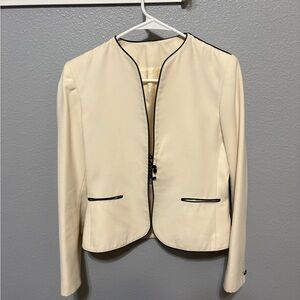 Cream Women's Blazer with Navy Blue Trim - Vintage